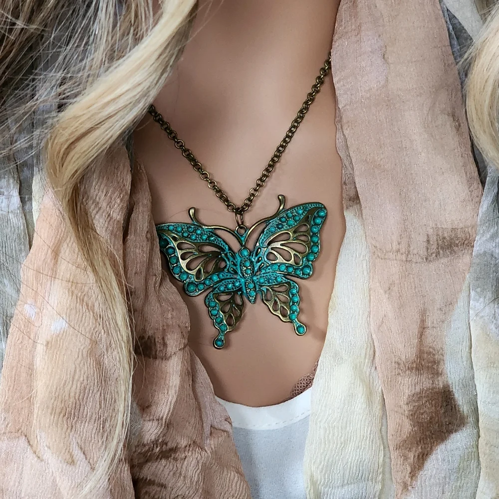Anthro Insects Jewelry Antique Gold Bronze Butterfly Large Pendant